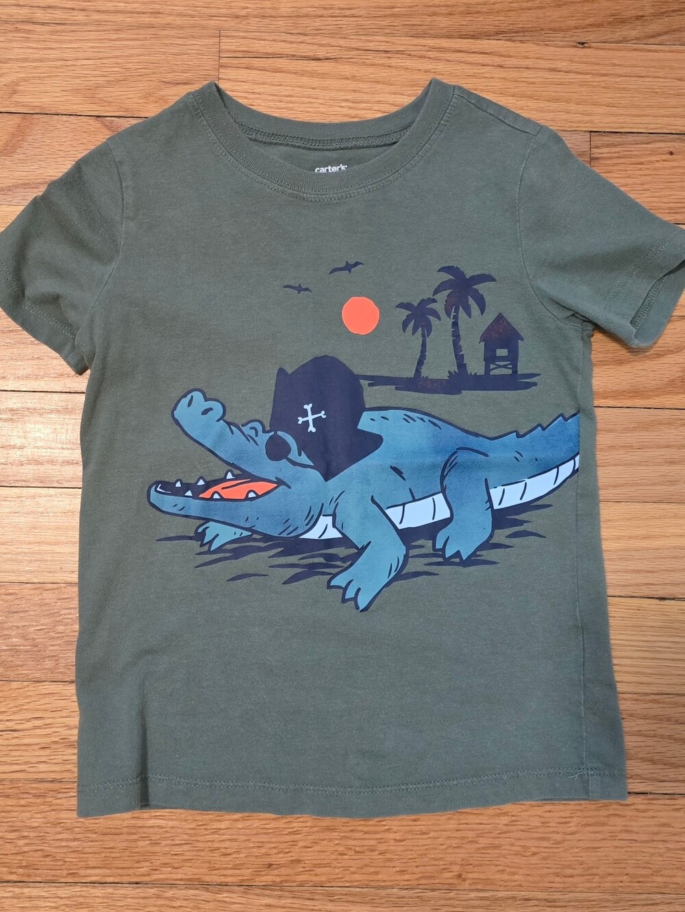 Carter's Olive Green Tee with Blue Pirate Alligator Graphic